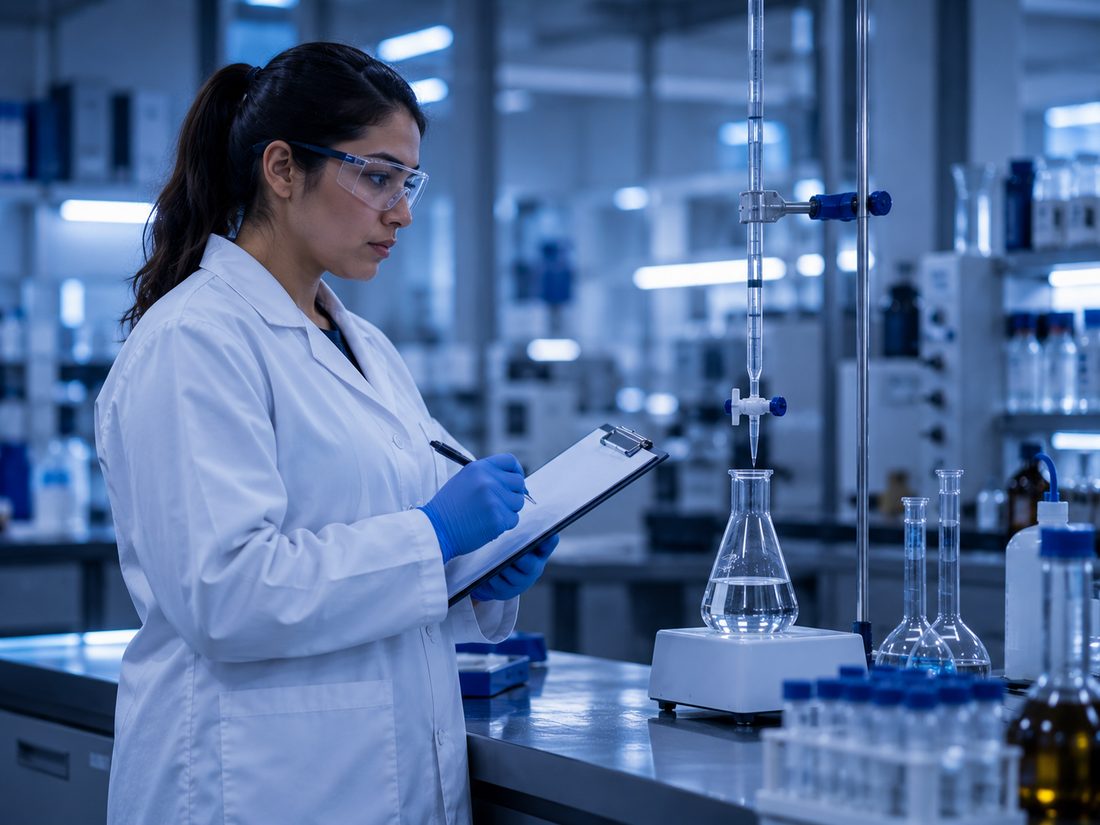 Analista de laboratorio trabajando con material volumétrico
